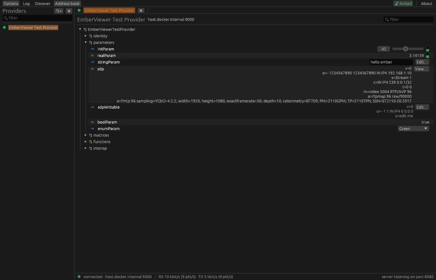 emberviewer tree browser showing integer, real, string and enum parameters with live values, sliders and an SDP text view
