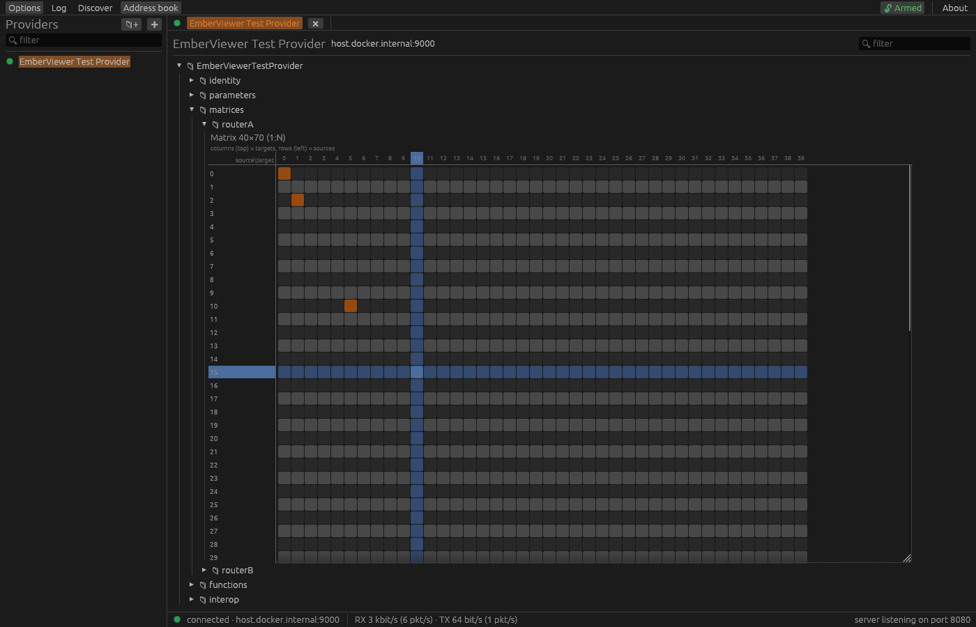 emberviewer matrix crosspoint grid with a blue crosshair highlighting the hovered row and column, sticky row/column headers, and orange connected crosspoints
