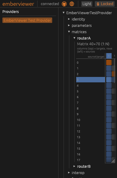 The emberviewer web UI open in a narrow phone-width browser window, showing the same provider tree and a matrix with the crosshair highlight active